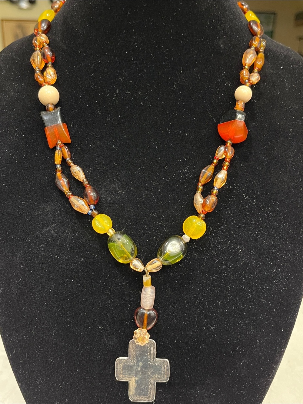 Artisan Multicolor Glass Bead Sterling Silver Cross Necklace - Women Jewelry